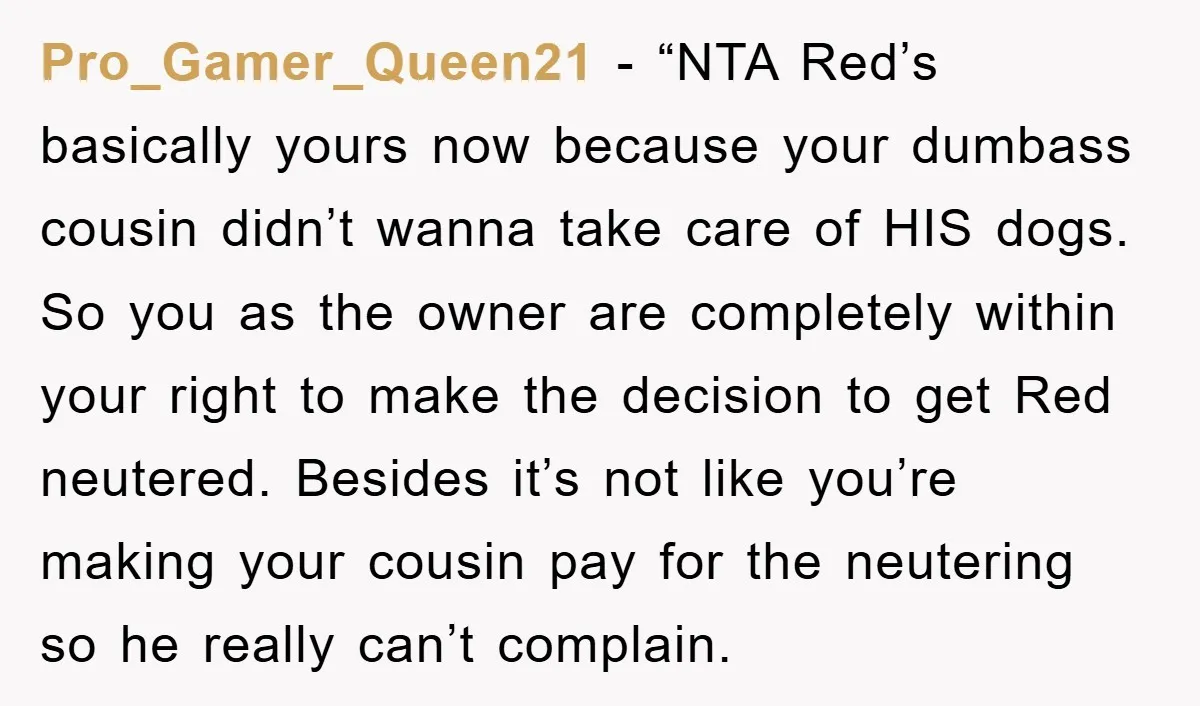 Pro_Gamer_Queen21 - “NTA Red’s basically yours now because your dumbass cousin didn’t wanna take care of HIS dogs. So you as the owner are completely within your right to make...