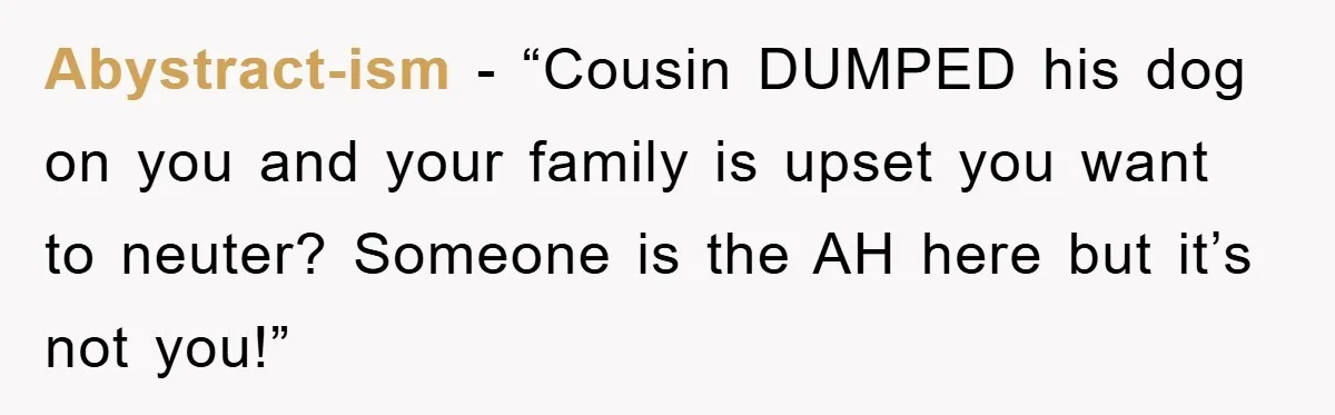 Abystract-ism - “Cousin DUMPED his dog on you and your family is upset you want to neuter? Someone is the AH here but it’s not you!”
