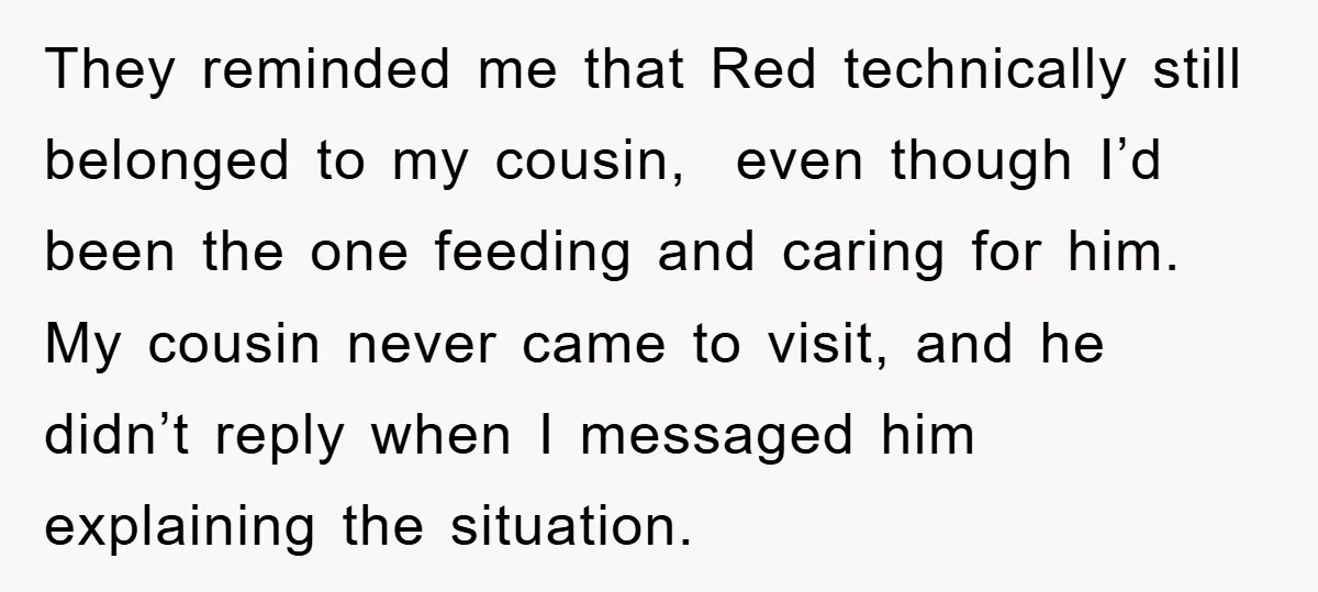 They reminded me that Red technically still belonged to my cousin, even though I’d been the one feeding and caring for him. My cousin never came to visit, and he...