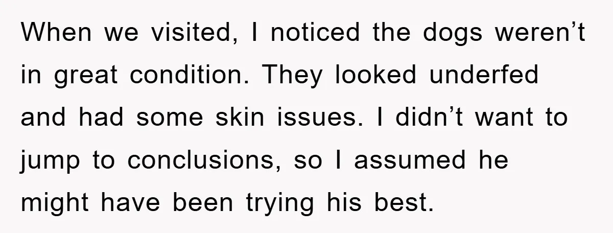 When we visited, I noticed the dogs weren’t in great condition. They looked underfed and had some skin issues. I didn’t want to jump to conclusions, so I assumed he...