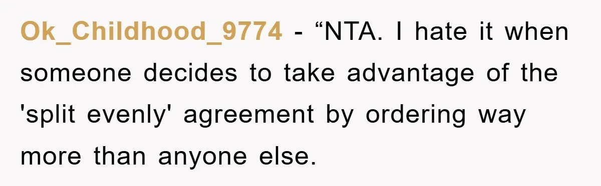Ok_Childhood_9774 - “NTA. I hate it when someone decides to take advantage of the 'split evenly' agreement by ordering way more than anyone else.