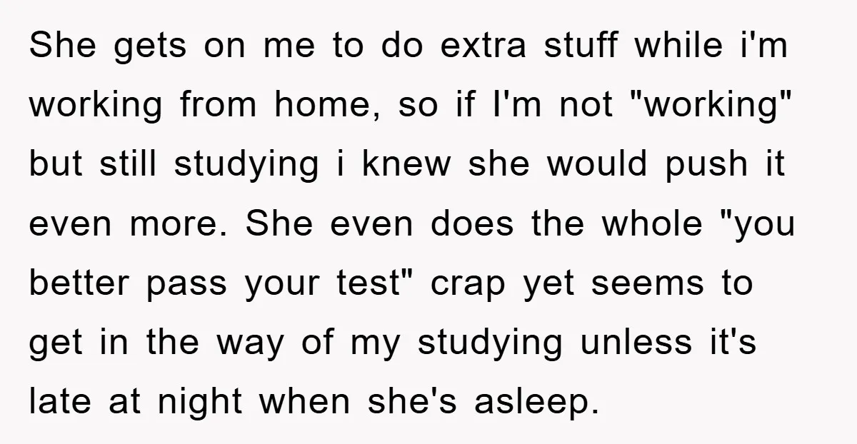 She gets on me to do extra stuff while i'm working from home, so if I'm not "working" but still studying i knew she would push it even more. She...