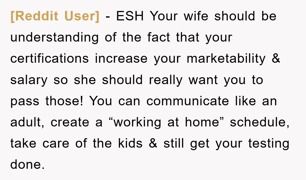 [Reddit User] − ESH Your wife should be understanding of the fact that your certifications increase your marketability & salary so she should really want you to pass those! You...