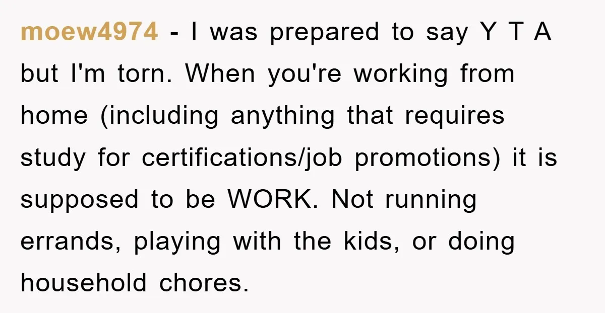 moew4974 − I was prepared to say Y T A but I'm torn. When you're working from home (including anything that requires study for certifications/job promotions) it is supposed to...