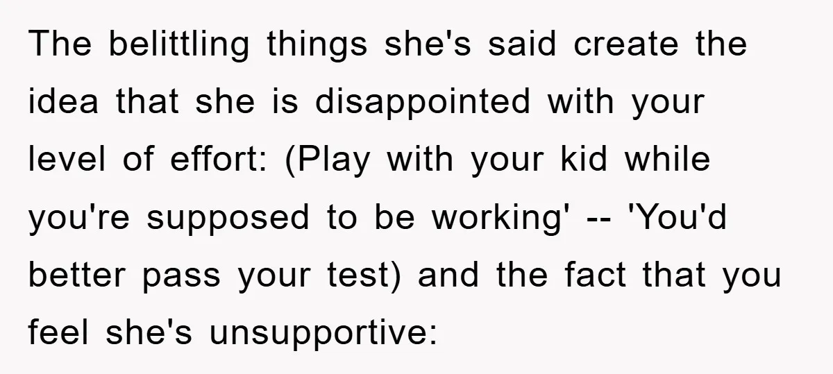 The belittling things she's said create the idea that she is disappointed with your level of effort: (Play with your kid while you're supposed to be working' -- 'You'd better...