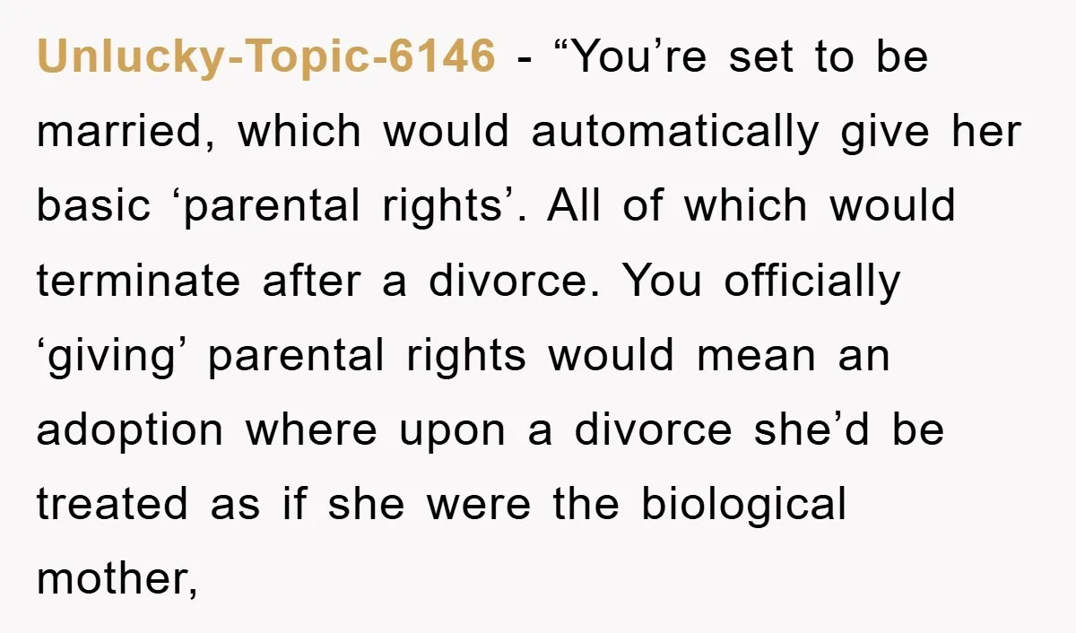 Unlucky-Topic-6146 - “You’re set to be married, which would automatically give her basic ‘parental rights’. All of which would terminate after a divorce. You officially ‘giving’ parental rights would mean...