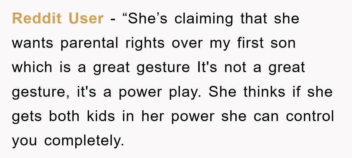 Reddit User - “She’s claiming that she wants parental rights over my first son which is a great gesture It's not a great gesture, it's a power play. She thinks...