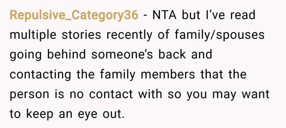 Repulsive_Category36 − NTA but I’ve read multiple stories recently of family/spouses going behind someone’s back and contacting the family members that the person is no contact with so you may...