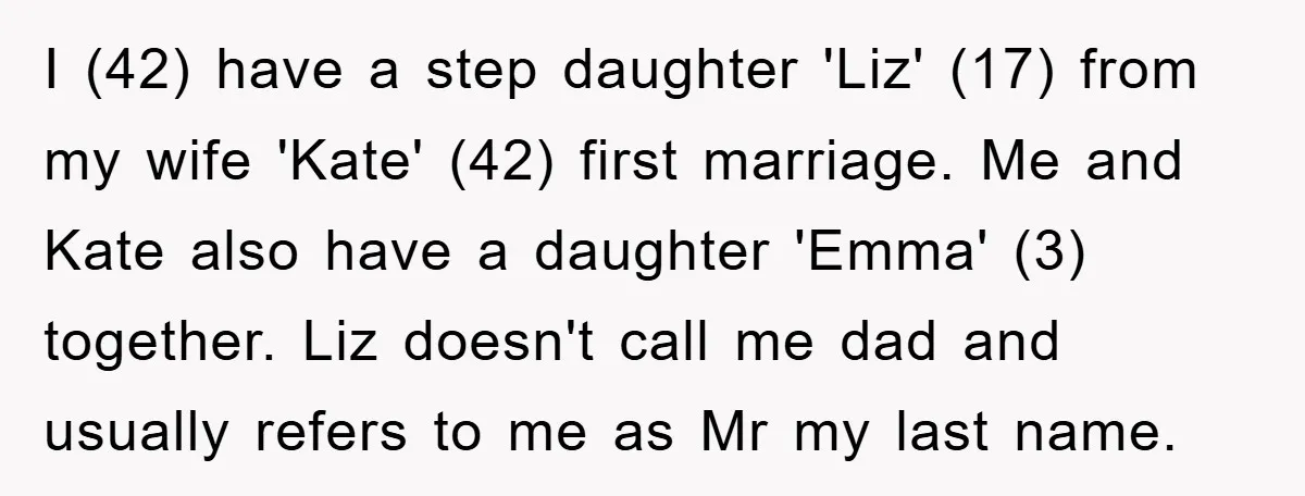 I (42) have a step daughter 'Liz' (17) from my wife 'Kate' (42) first marriage. Me and Kate also have a daughter 'Emma' (3) together. Liz doesn't call me dad...