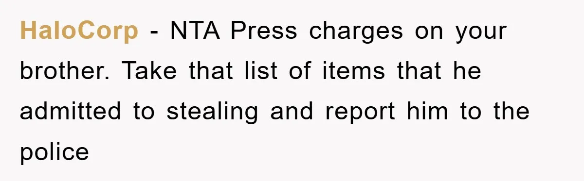 HaloCorp − NTA Press charges on your brother. Take that list of items that he admitted to stealing and report him to the police