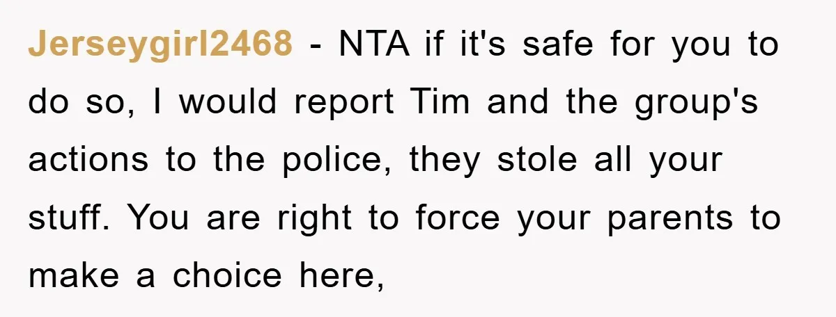 Jerseygirl2468 − NTA if it's safe for you to do so, I would report Tim and the group's actions to the police, they stole all your stuff. You are right...