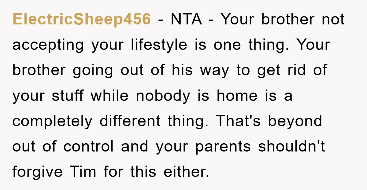 ElectricSheep456 − NTA - Your brother not accepting your lifestyle is one thing. Your brother going out of his way to get rid of your stuff while nobody is home...