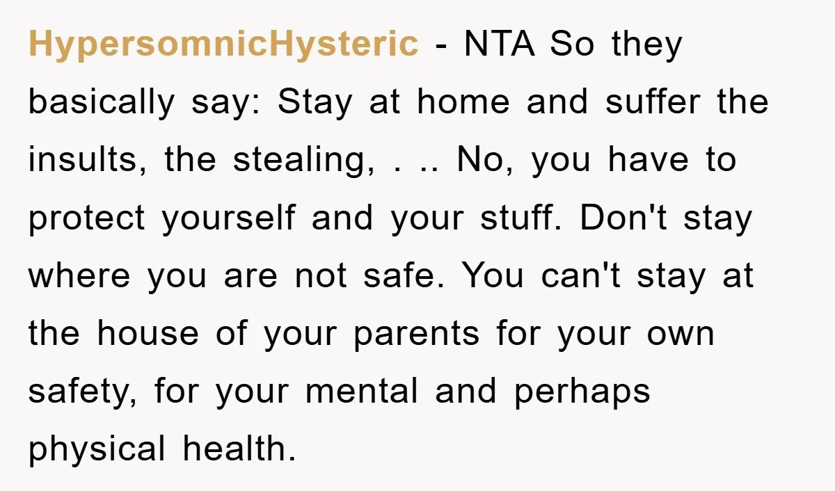 HypersomnicHysteric − NTA So they basically say: Stay at home and suffer the insults, the stealing, . .. No, you have to protect yourself and your stuff. Don't stay where...