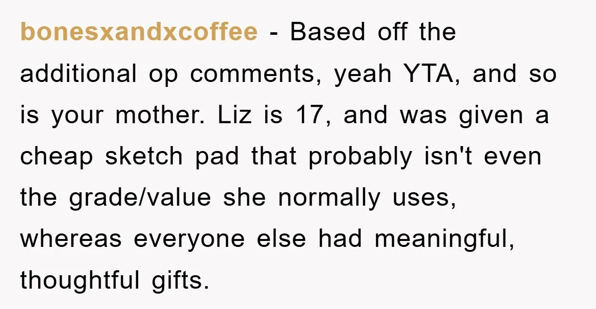 bonesxandxcoffee − Based off the additional op comments, yeah YTA, and so is your mother. Liz is 17, and was given a cheap sketch pad that probably isn't even the...