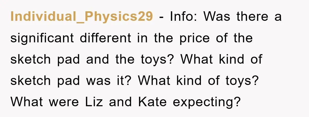 Individual_Physics29 − Info: Was there a significant different in the price of the sketch pad and the toys? What kind of sketch pad was it? What kind of toys? What...