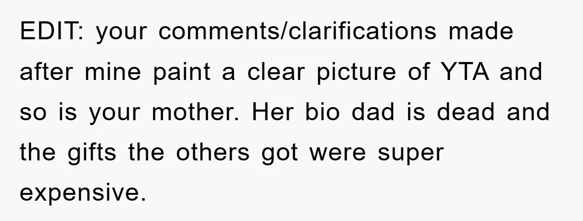 EDIT: your comments/clarifications made after mine paint a clear picture of YTA and so is your mother. Her bio dad is dead and the gifts the others got were super...