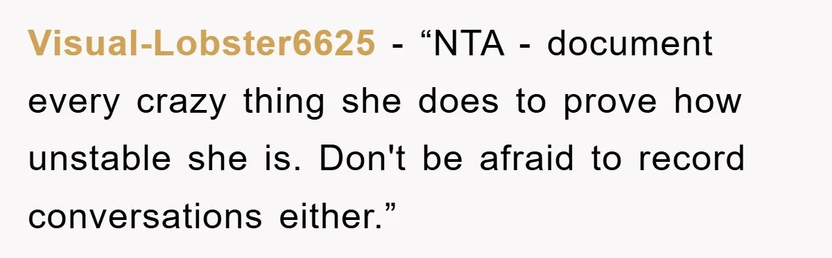 Visual-Lobster6625 - “NTA - document every crazy thing she does to prove how unstable she is. Don't be afraid to record conversations either.”