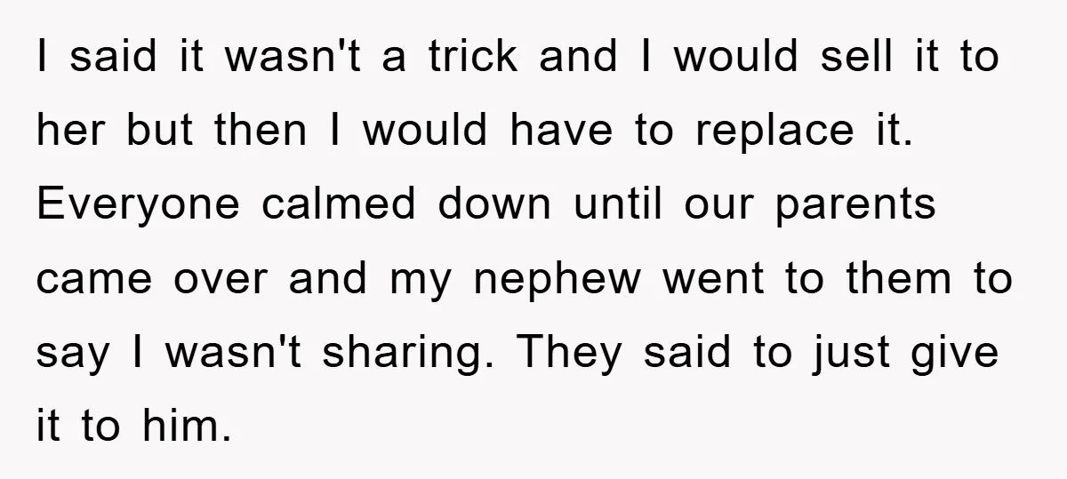 I said it wasn't a trick and I would sell it to her but then I would have to replace it. Everyone calmed down until our parents came over and...