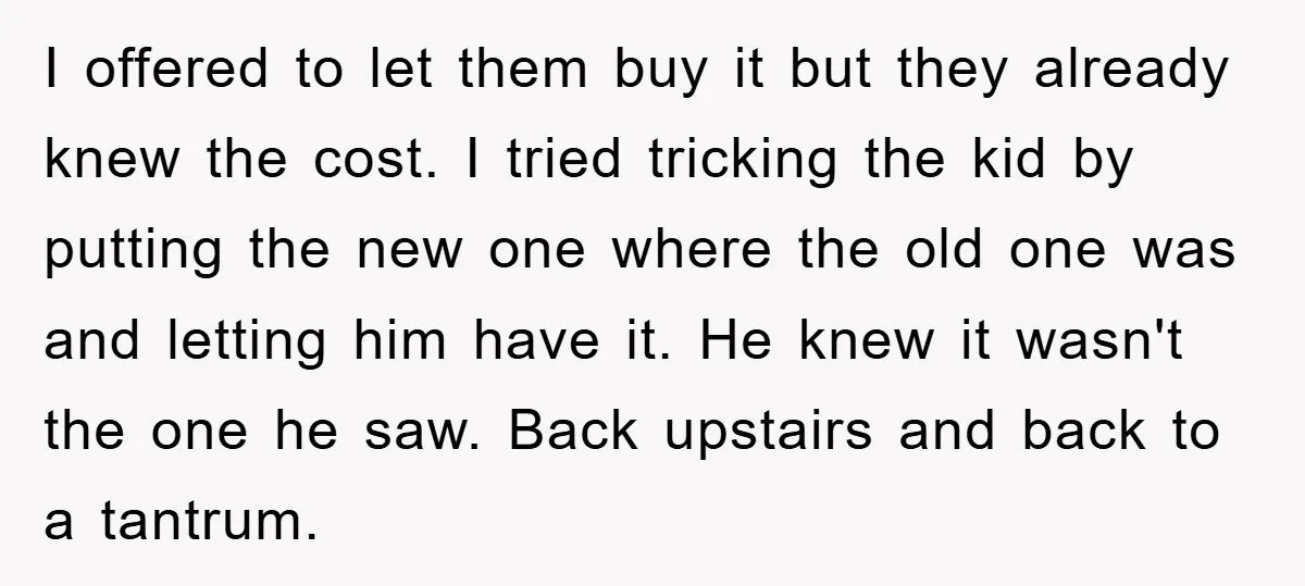 I offered to let them buy it but they already knew the cost. I tried tricking the kid by putting the new one where the old one was and letting...