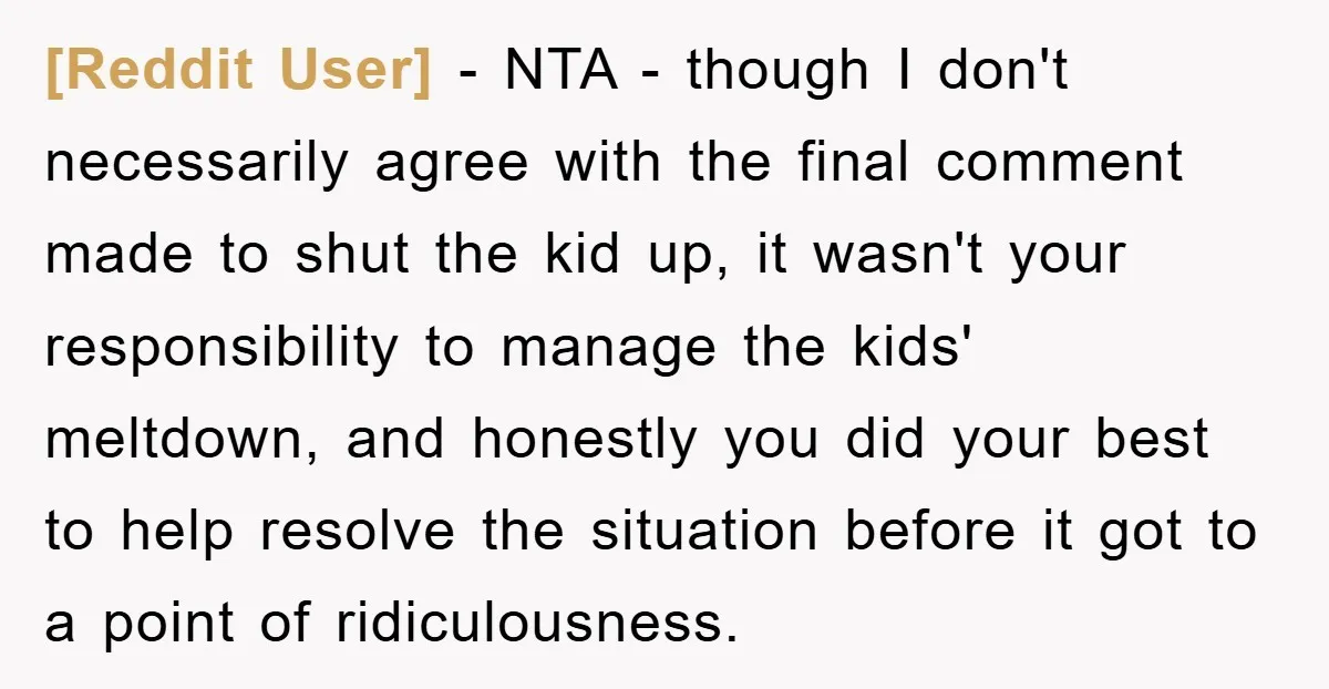 [Reddit User] − NTA - though I don't necessarily agree with the final comment made to shut the kid up, it wasn't your responsibility to manage the kids' meltdown, and...