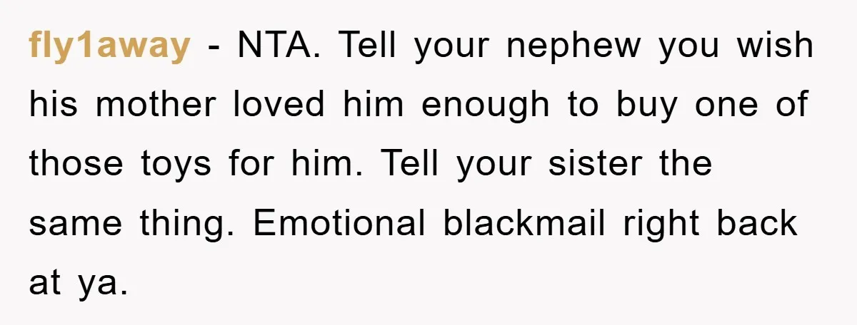 fly1away − NTA. Tell your nephew you wish his mother loved him enough to buy one of those toys for him. Tell your sister the same thing. Emotional blackmail right...