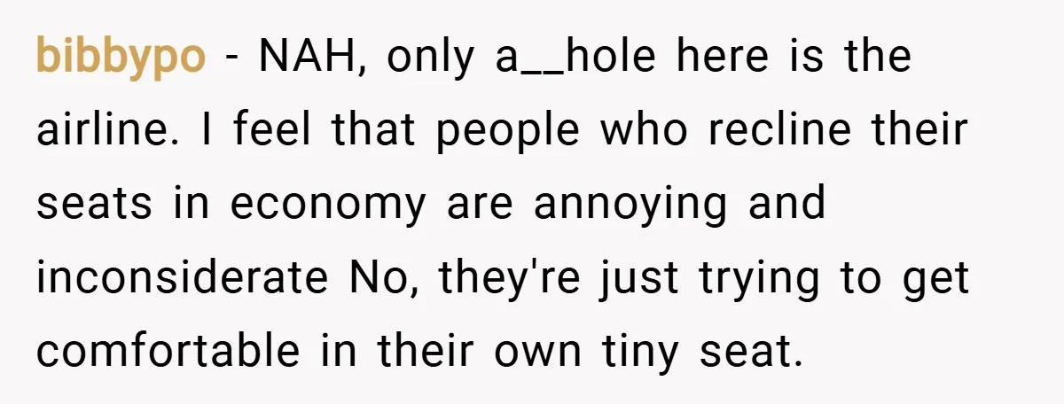 bibbypo − NAH, only a__hole here is the airline. I feel that people who recline their seats in economy are annoying and inconsiderate No, they're just trying to get comfortable...