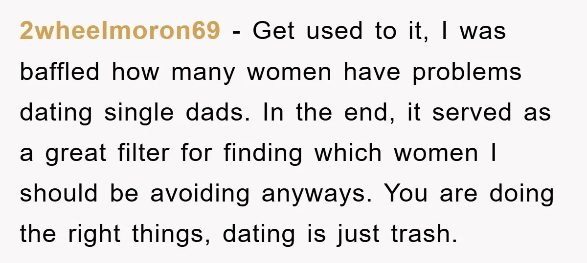 2wheelmoron69 − Get used to it, I was baffled how many women have problems dating single dads. In the end, it served as a great filter for finding which women...