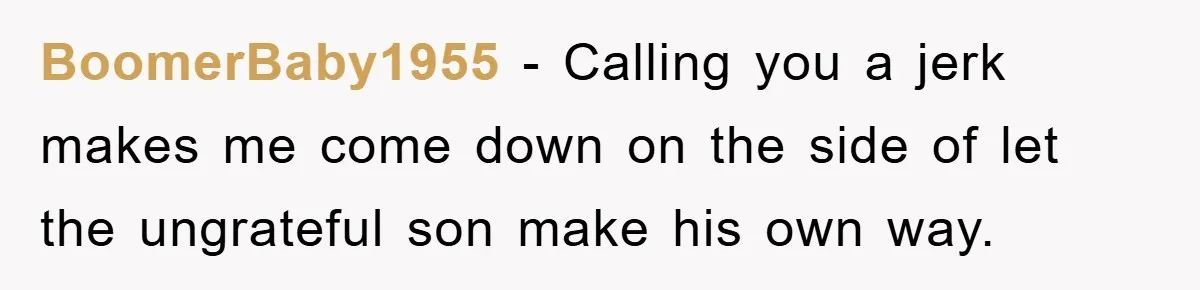BoomerBaby1955 − Calling you a jerk makes me come down on the side of let the ungrateful son make his own way.