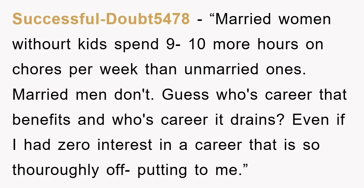 Successful-Doubt5478 - “Married women withourt kids spend 9- 10 more hours on chores per week than unmarried ones. Married men don't. Guess who's career that benefits and who's career it...
