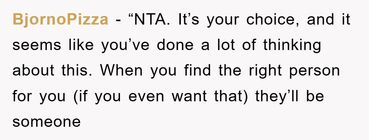 BjornoPizza - “NTA. It’s your choice, and it seems like you’ve done a lot of thinking about this. When you find the right person for you (if you even want...