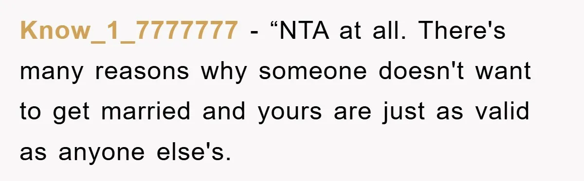 Know_1_7777777 - “NTA at all. There's many reasons why someone doesn't want to get married and yours are just as valid as anyone else's.