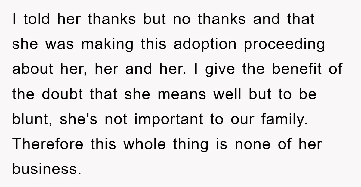I told her thanks but no thanks and that she was making this adoption proceeding about her, her and her. I give the benefit of the doubt that she means...