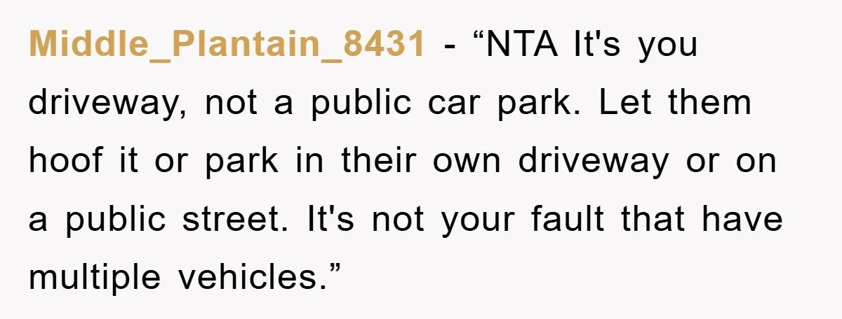 Middle_Plantain_8431 - “NTA It's you driveway, not a public car park. Let them hoof it or park in their own driveway or on a public street. It's not your fault...
