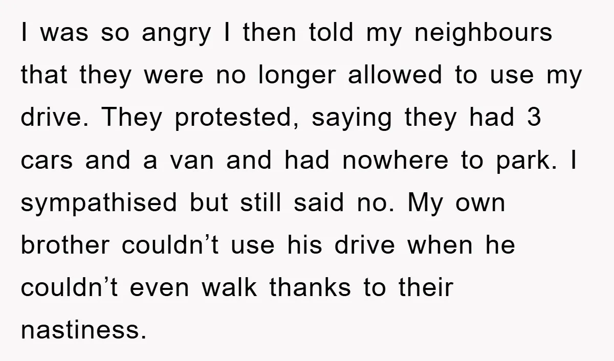 I was so angry I then told my neighbours that they were no longer allowed to use my drive. They protested, saying they had 3 cars and a van and...