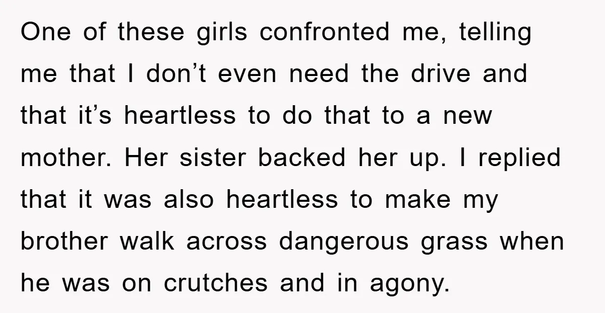 One of these girls confronted me, telling me that I don’t even need the drive and that it’s heartless to do that to a new mother. Her sister backed her...