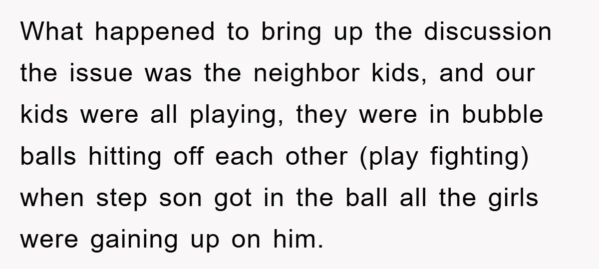 What happened to bring up the discussion the issue was the neighbor kids, and our kids were all playing, they were in bubble balls hitting off each other (play fighting)...