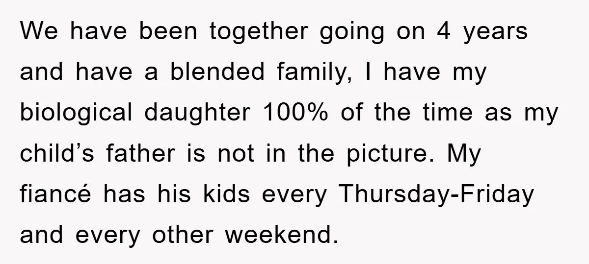 We have been together going on 4 years and have a blended family, I have my biological daughter 100% of the time as my child’s father is not in the...