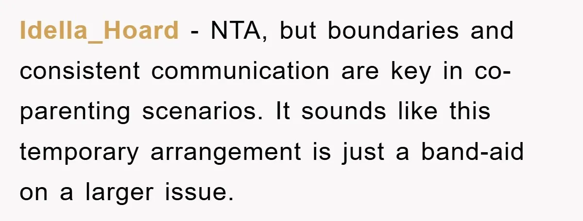 Idella_Hoard − NTA, but boundaries and consistent communication are key in co-parenting scenarios. It sounds like this temporary arrangement is just a band-aid on a larger issue.