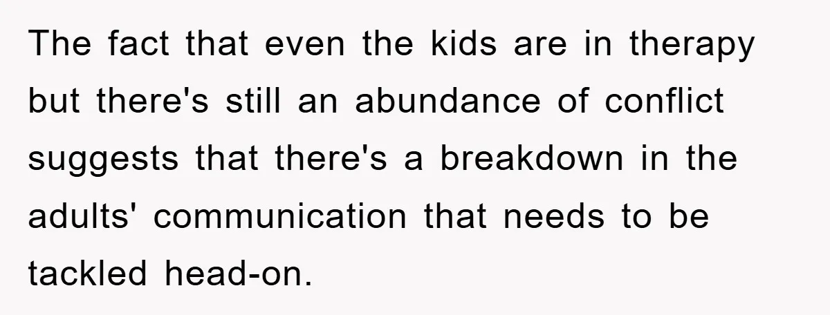 The fact that even the kids are in therapy but there's still an abundance of conflict suggests that there's a breakdown in the adults' communication that needs to be tackled...