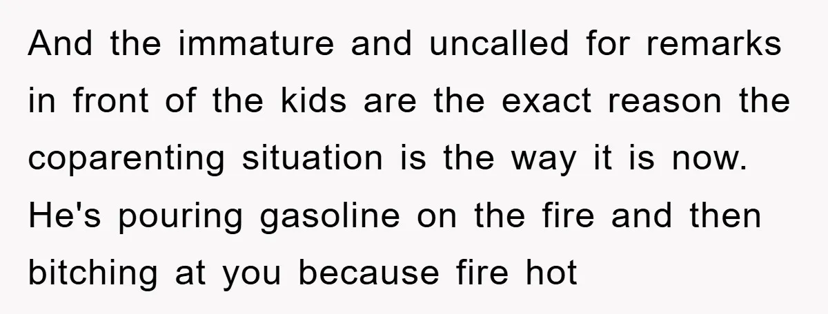 And the immature and uncalled for remarks in front of the kids are the exact reason the coparenting situation is the way it is now. He's pouring gasoline on the...