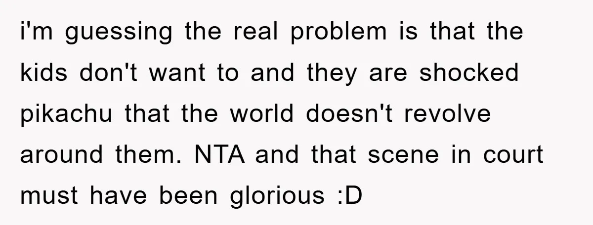 i'm guessing the real problem is that the kids don't want to and they are shocked pikachu that the world doesn't revolve around them. NTA and that scene in court...