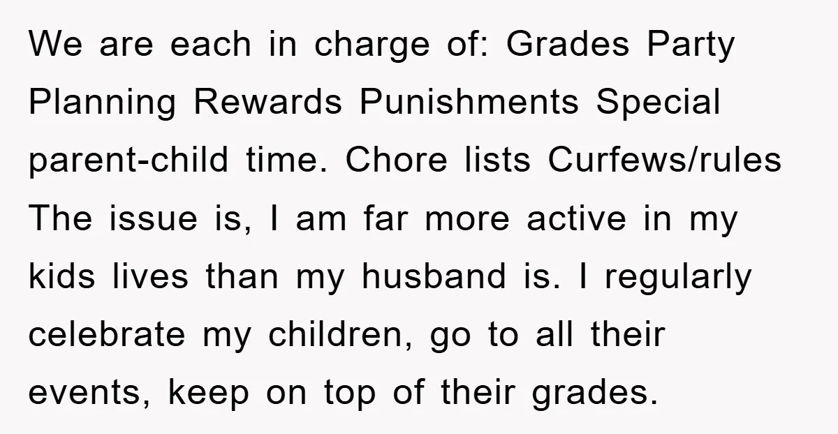 We are each in charge of: Grades Party Planning Rewards Punishments Special parent-child time. Chore lists Curfews/rules The issue is, I am far more active in my kids lives than...