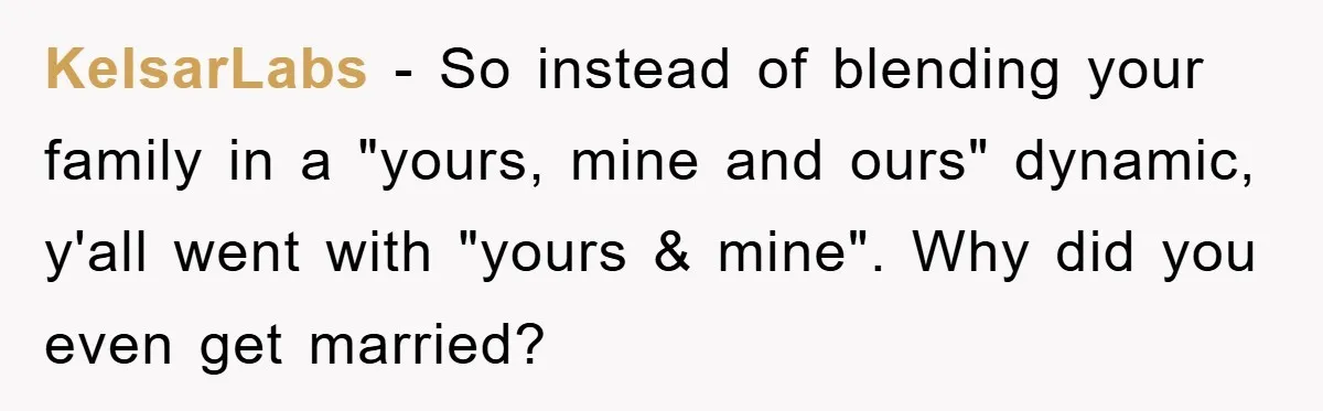 KelsarLabs − So instead of blending your family in a "yours, mine and ours" dynamic, y'all went with "yours & mine". Why did you even get married?