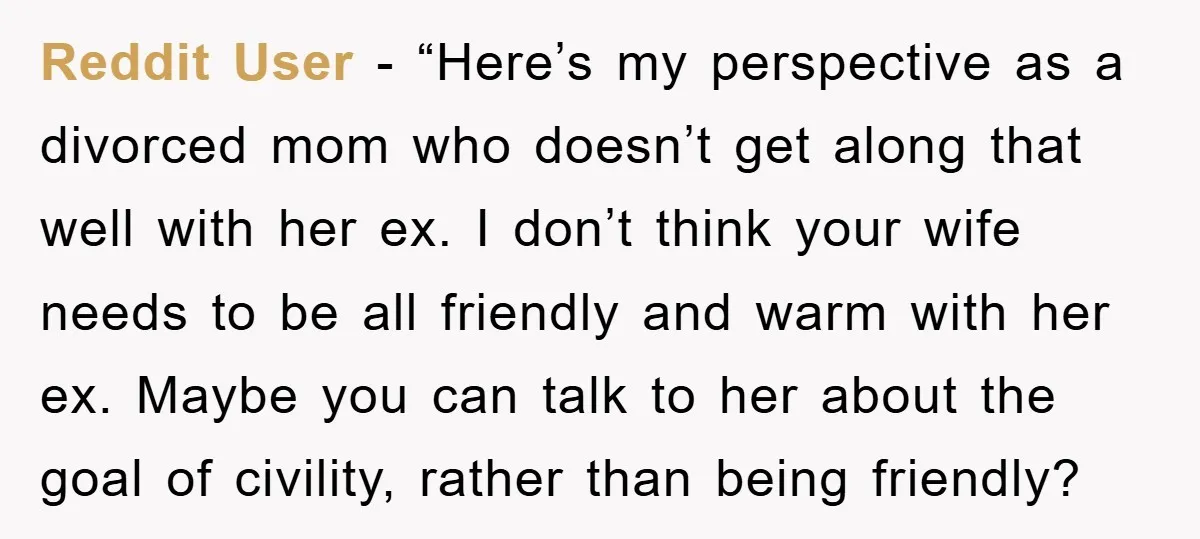 Reddit User - “Here’s my perspective as a divorced mom who doesn’t get along that well with her ex. I don’t think your wife needs to be all friendly and...