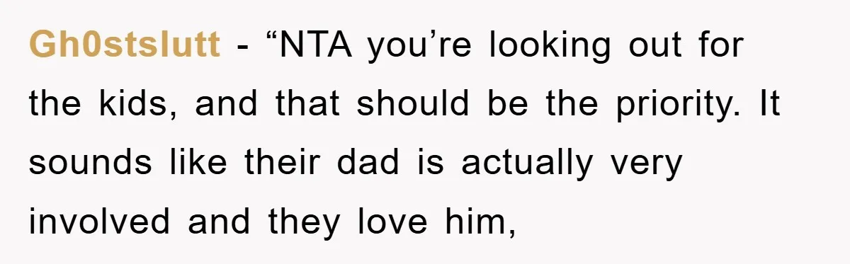 Gh0stslutt - “NTA you’re looking out for the kids, and that should be the priority. It sounds like their dad is actually very involved and they love him,