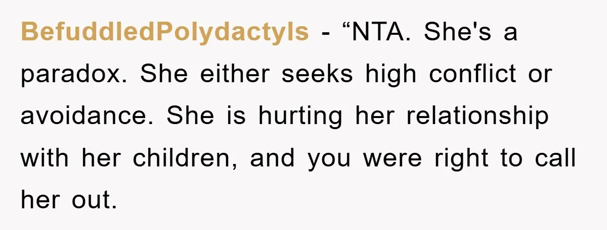 BefuddledPolydactyls - “NTA. She's a paradox. She either seeks high conflict or avoidance. She is hurting her relationship with her children, and you were right to call her out.