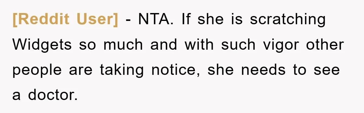 [Reddit User] − NTA. If she is scratching Widgets so much and with such vigor other people are taking notice, she needs to see a doctor.