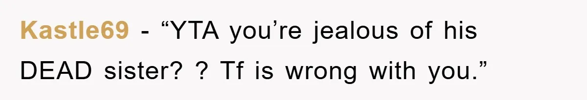 Kastle69 - “YTA you’re jealous of his DEAD sister? ? Tf is wrong with you.”