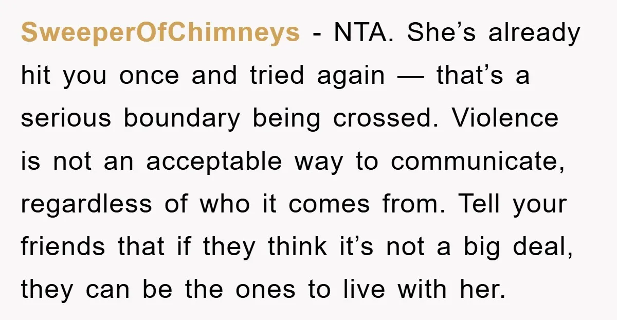 SweeperOfChimneys - NTA. She’s already hit you once and tried again — that’s a serious boundary being crossed. Violence is not an acceptable way to communicate, regardless of who it...
