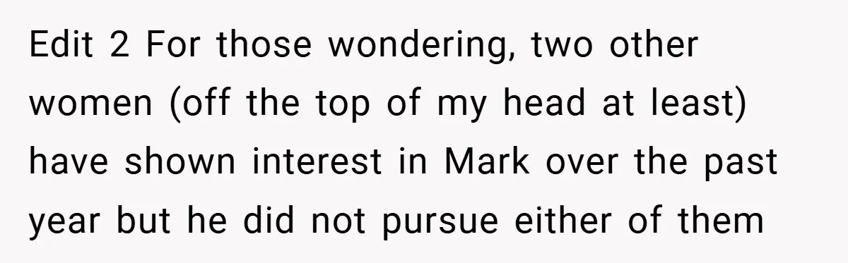 Edit 2 For those wondering, two other women (off the top of my head at least) have shown interest in Mark over the past year but he did not pursue...